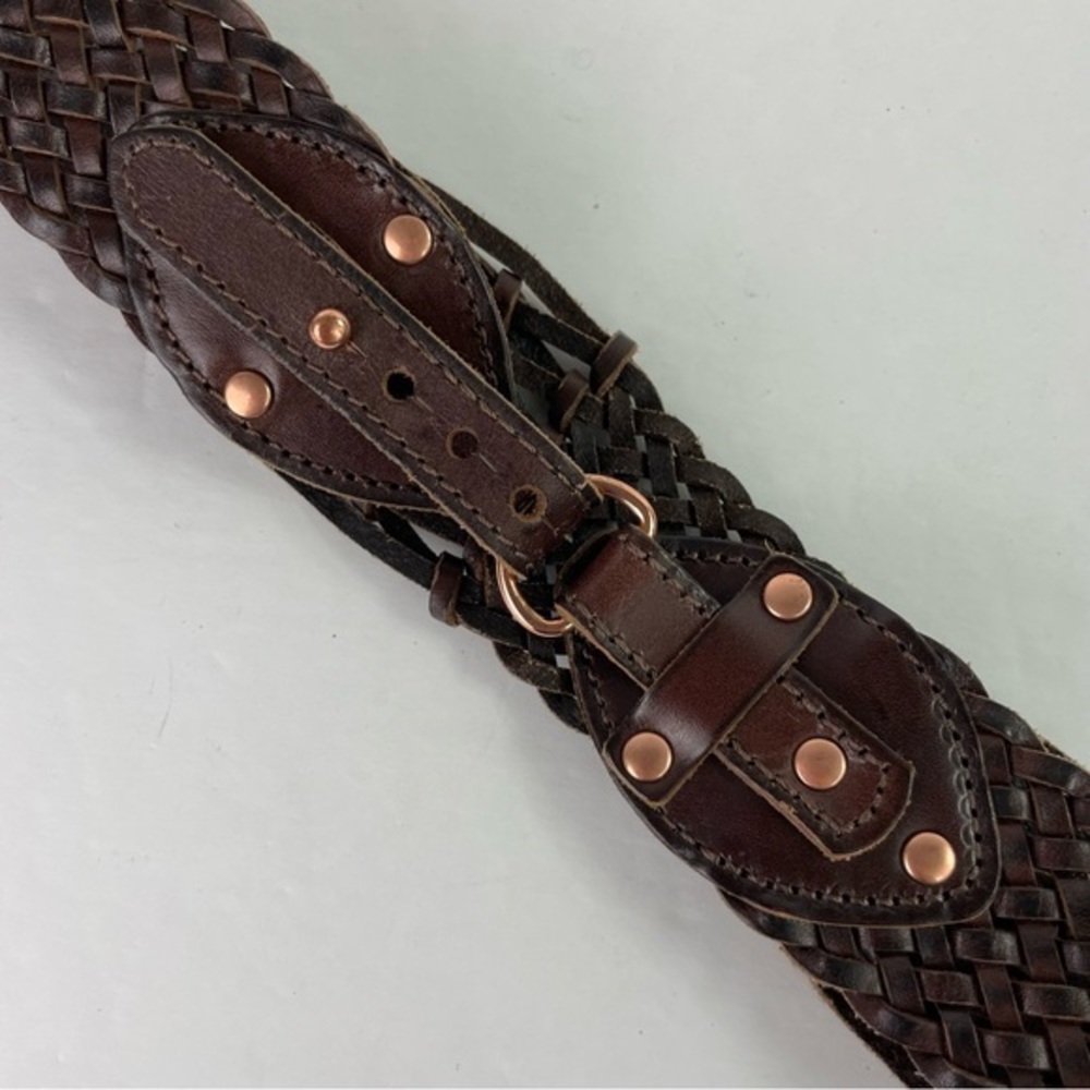Brown Boho Braided Leather Wide Belt with Rose Gold - Picture 3 of 8